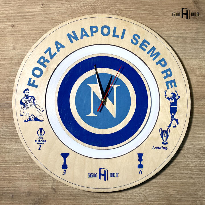 SSC Napoli (logo in original colours, light wood, blue engravings)