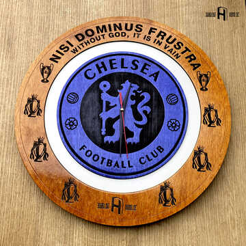 Chelsea FC (logo in original colours, light wood, red and blue engravings)