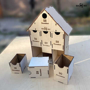 სახლის ფორმის სასაჩუქრე ყუთი, უჯრებით (ხე, 4მმ)